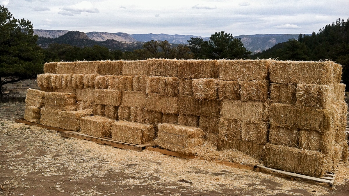 Stack of strawbales for straw house construction