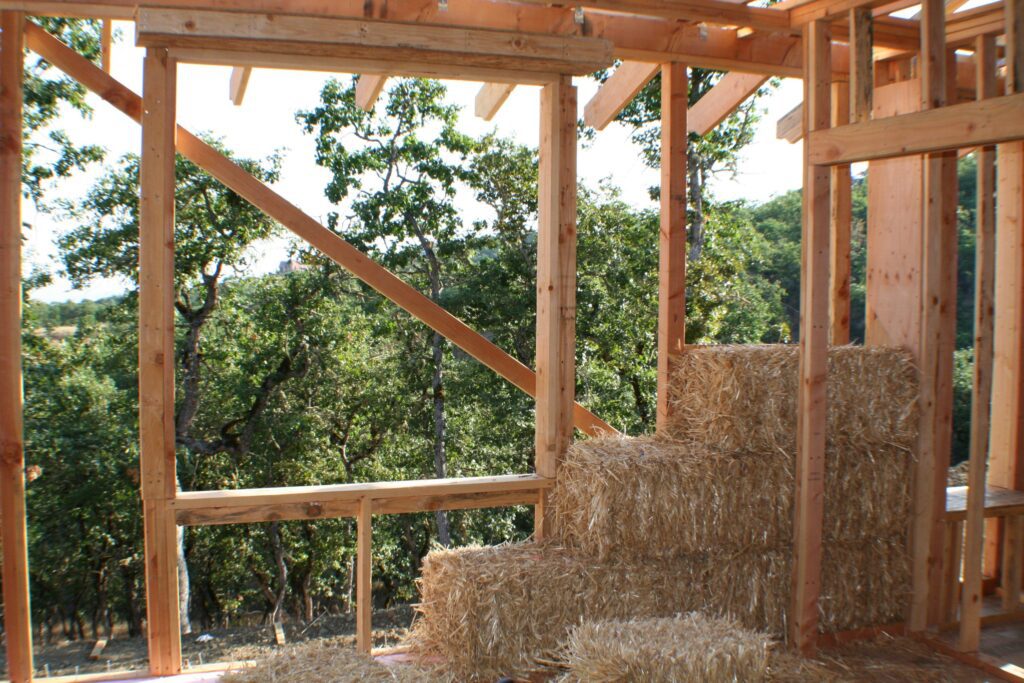 Strawbale building - installing a Running Bond in a stacked bale wall