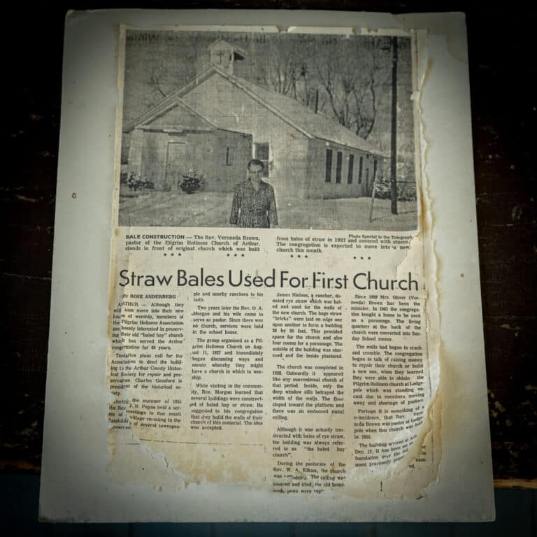old newspaper article on the Straw Bale Church