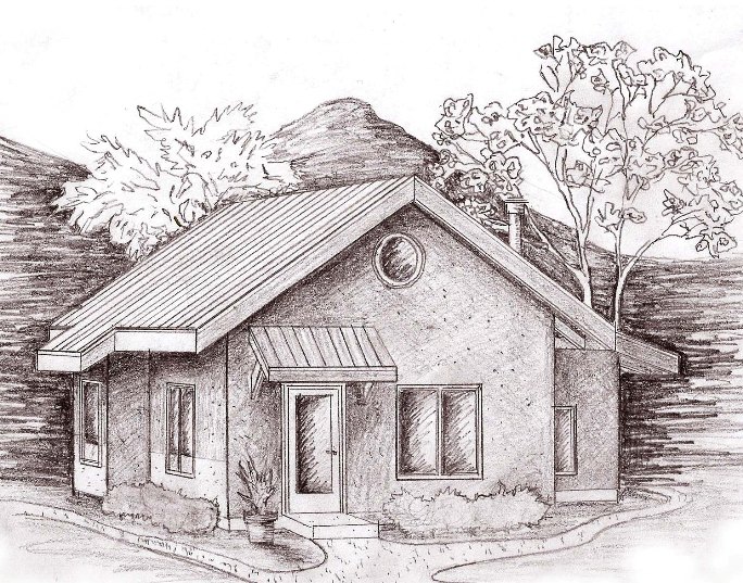perspective drawing of the Applegate straw bale house, a rebuild with straw bales