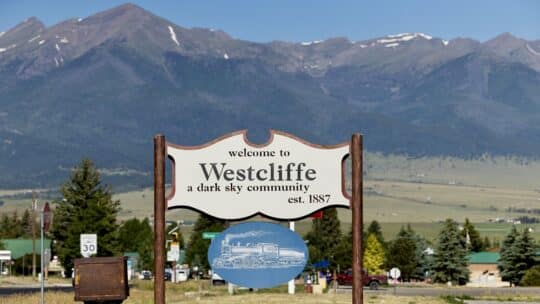 Westcliffe, Colorado welcome sign, location of straw bale workshop